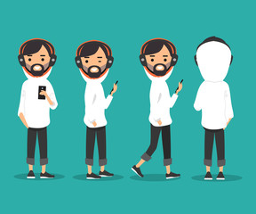Fototapeta premium Young character wearing earphones and listening music on his smart phone.Front and back view.flat cartoon design