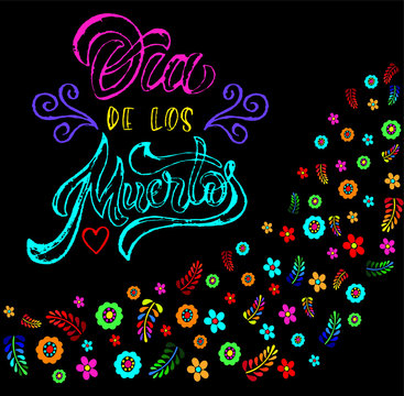 Hand sketched colorful Dia de los Muertos typography lettering with skull and flowers isolated on dark violet background. Vector illustration.