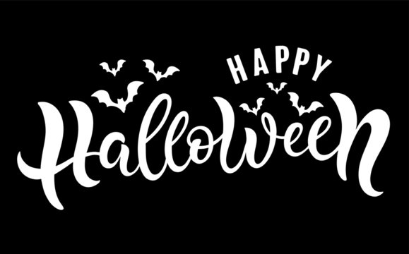 Happy Halloween hand sketched text.  Celebration quotation with bats isolated on black background.