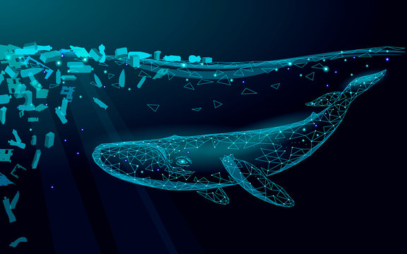 Low poly 3D whale plastic ocean pollution swimming undersea. Water surface dark night glowing wave garbage. Save help survive humpback whale marine wild life. Triangle polygonal vector illustration