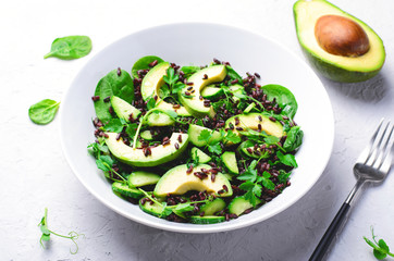 Green Salad with Avocado, Black Rice, Cucumber and Spinach, Healthy Food