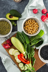 Ingredients cooking vegetarian food Variety raw vegetables cereals top view