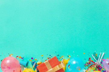 Decoration party. Balloons and different party decorations with free copy space top view