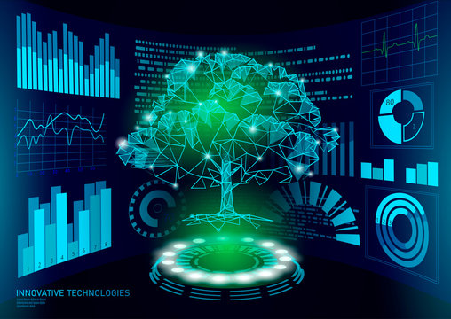 3D low poly green plant tree HUD UI display. Future polygonal triangle point line ecology problems solution abstract biology. Genome engineering vector illustration future business technology