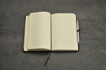 Open empty diary, note pad, ring binder with pen