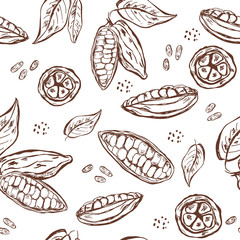 Seamless pattern with cocoa pods, beans and leaves.