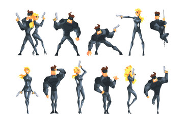 Secret agent in different actions. Posing with gun, hanging on rope, running and saluting. Muscular man in costume and mask. Flat vector set