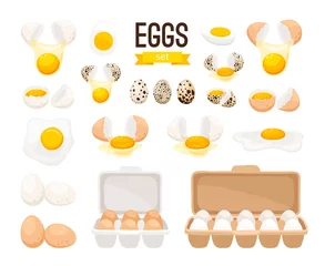 Fototapete Küche Frische und gekochte Eier. Cartoon zerbrochene Eier mit gebrochener Eierschale, in Karton und Eihälfte mit Eigelbvektorillustration