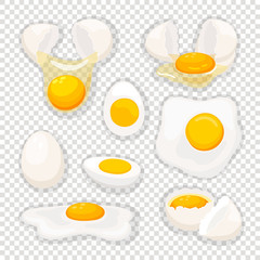 Eggs on transparent. Fried egg set isolated, vector omelet and broken eggshell with whole yolk for breakfast fry - obrazy, fototapety, plakaty