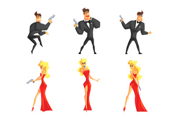 Obraz na płótnie Canvas Secret agents in different poses. Handsome man and beautiful woman with gun in hands. Male in black suit, female in sexy red dress. Flat vector set
