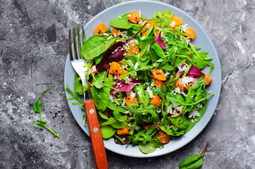 Roasted Pumpkin Healthy Vegetarian Salad, Butternut Squash, Rice and Sesame Seeds Salad