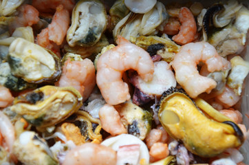 Shellfish plate of crustacean seafood mussels, oysters as an ocean gourmet dinner background. Various seafood ready to eat. Shrimps, octopus, squid, oysters. Background without focus