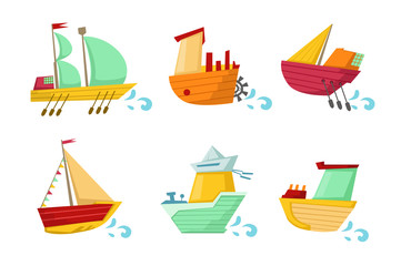 Set of colorful wooden ships with cute faces. Small sailing boats. Marine theme. Flat vector for children room decor or mobile game