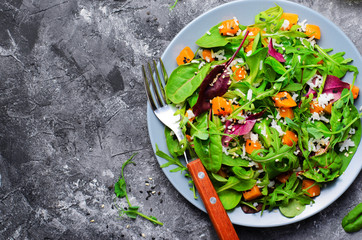 Roasted Pumpkin Healthy Vegetarian Salad, Butternut Squash, Rice and Sesame Seeds Salad
