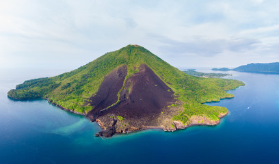 Aerial view Banda Islands Moluccas archipelago Indonesia, Pulau Gunung Api, lava flows, coral reef...