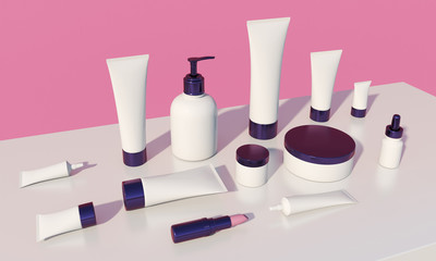 3d render of cosmetic bundle for skin hair care. Big white plastic package set. Trendy branding kit mock up.
