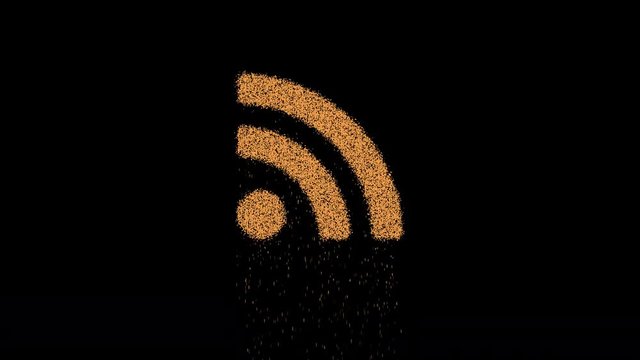 Symbol rss appears from crumbling sand. Then crumbles down. Alpha channel Premultiplied - Matted with color black