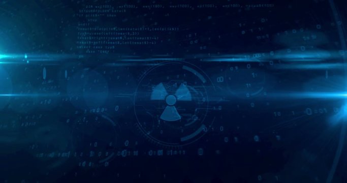 Nuclear warning symbol hologram intro on dynamic futuristic background. Modern and futuristic concept of nuclear power, energy, radiation danger and cybe war. Seamless and loopable 3d animation.