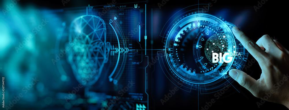 Poster Big data world and globe icon ui with hand selecting and pressing Big Data symbol and modern interface.data science era.