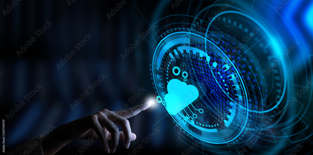 Poster Hand pushing icon Ui of Cloud Computing Technology Internet Storage Network Concept