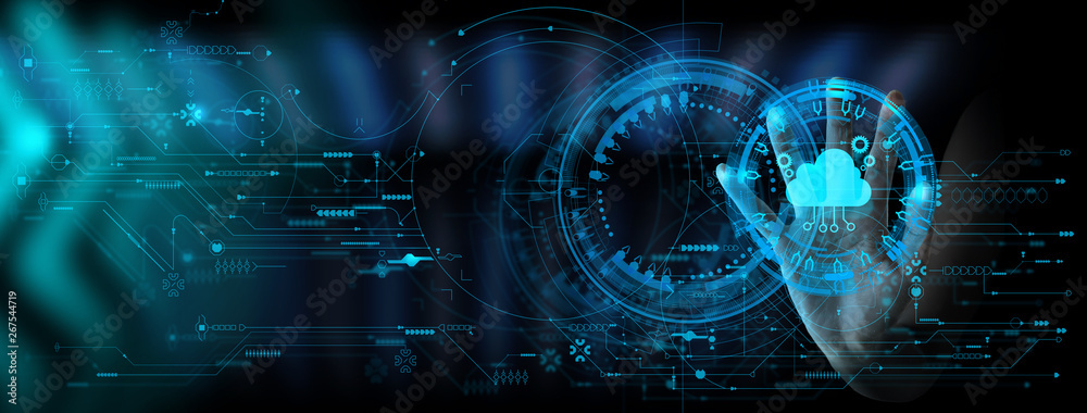 Aufkleber Hand pushing icon Ui of Cloud Computing Technology Internet Storage Network Concept