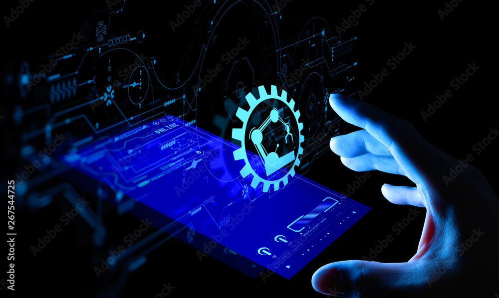 Poster Engineer hand check and control welding robotics automatic arms icon with machine in intelligent factory automotive industrial with UI monitoring system software.