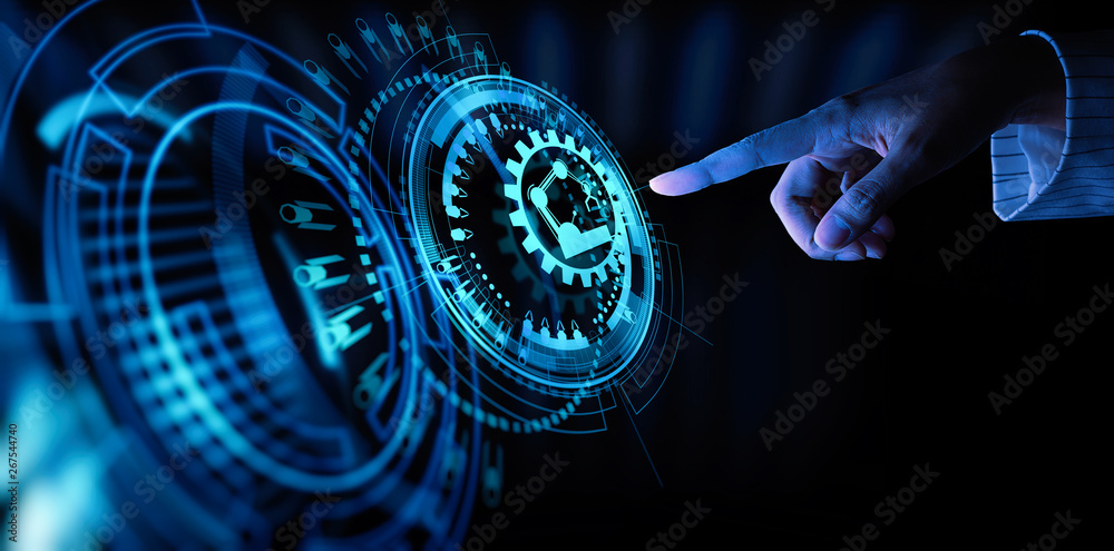 Poster Engineer hand check and control welding robotics automatic arms icon with machine in intelligent factory automotive industrial with UI monitoring system software.