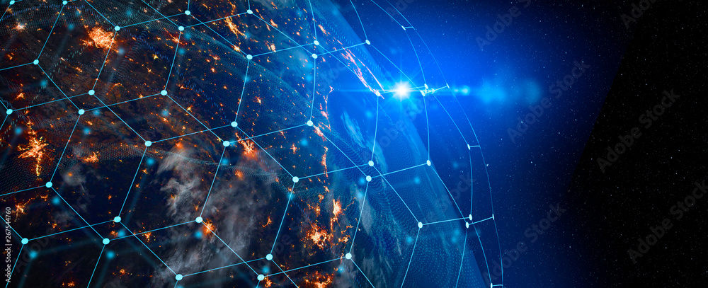 Poster Communication technology for internet business. Global world network and telecommunication on earth cryptocurrency and blockchain and IoT. Elements of this image furnished by NASA