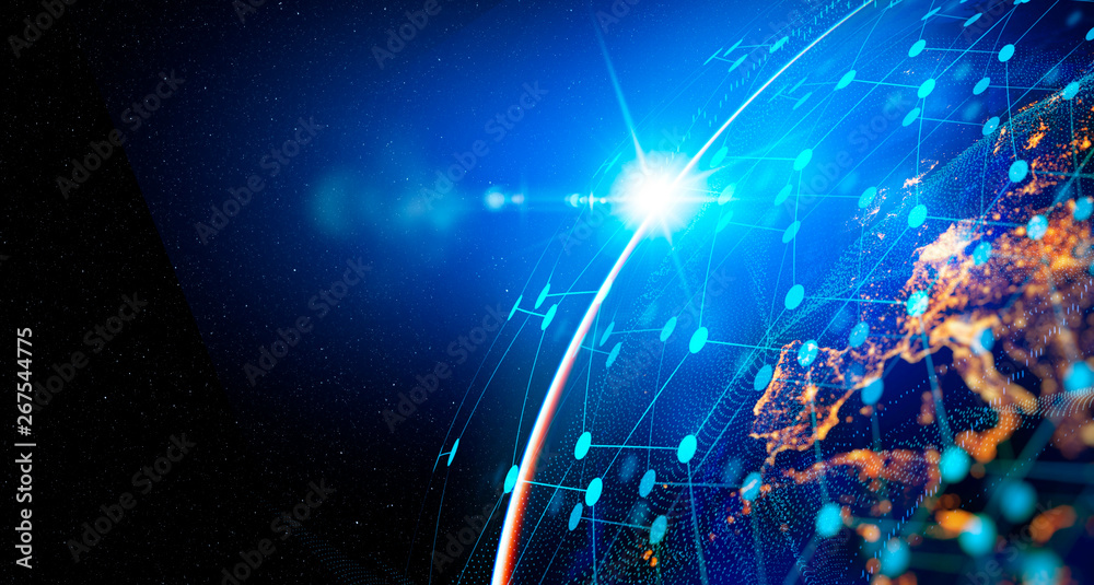 Poster Communication technology for internet business. Global world network and telecommunication on earth cryptocurrency and blockchain and IoT. Elements of this image furnished by NASA