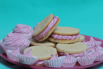 Cooked marshmallow sandwiches. They lie on plate. Next on the plate is a marshmallow of various sizes.