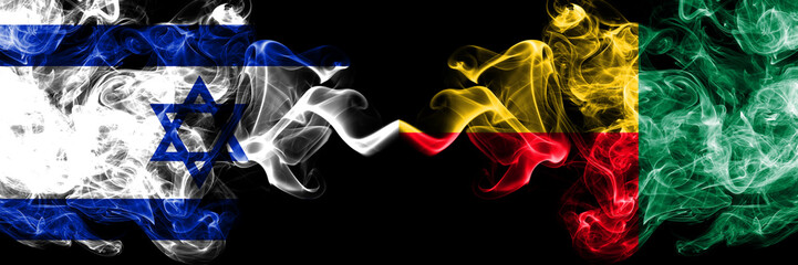 Israel vs Benin, Beninese smoky mystic flags placed side by side. Thick colored silky smokes flag of Israel and Benin, Beninese