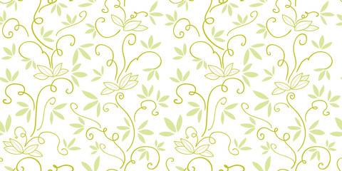 White pattern with green abstract plant.