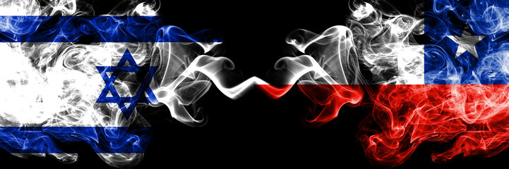 Israel vs Chile, Chilean smoky mystic flags placed side by side. Thick colored silky smokes flag of Israel and Chile, Chilean