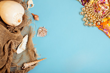 diverse travel girlish stuff on colorful background blue and yellow, nobody tourism lifestyle concept close up