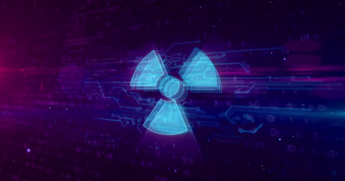 Nuclear warning symbol hologram intro on dynamic futuristic background. Modern and futuristic concept of nuclear power, science, energy, radioactive danger and cybe war.