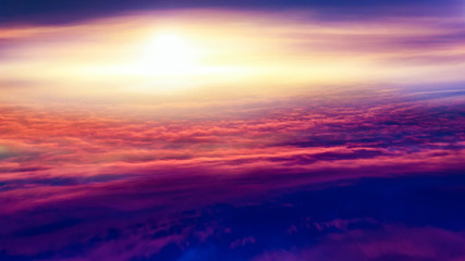  Beautiful heavenly landscape with the sun in the clouds . Paradise heaven .  light about the sky . above sky clouds . 