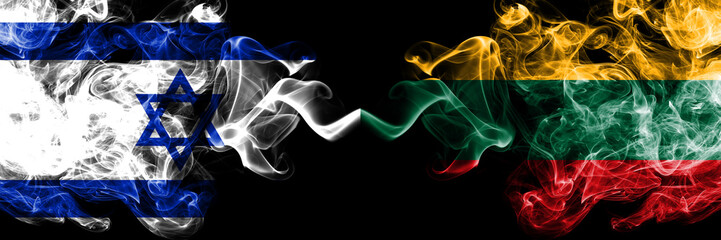 Israel vs Lithuania, Lithuanian smoky mystic flags placed side by side. Thick colored silky smokes flag of Israel and Lithuania, Lithuanian