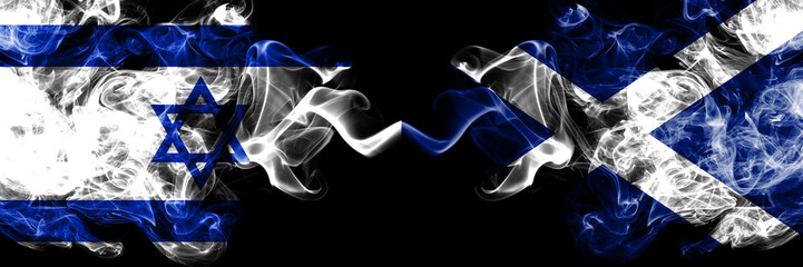 Israel vs Scotland, Scottish smoky mystic flags placed side by side. Thick colored silky smokes flag of Israel and Scotland, Scottish