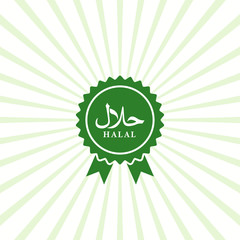 Halal logo design vector illustration. Halal food emblem certificate tag. Food product dietary label on green sunburst background.