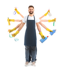 Cleaning service workers on white background