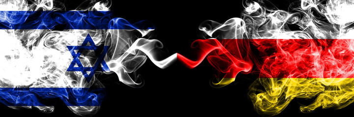 Israel vs South Ossetia smoky mystic flags placed side by side. Thick colored silky smokes flag of Israel and South Ossetia