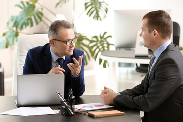 Handsome mature businessman with colleague working in office