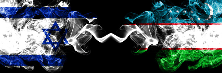 Israel vs Uzbekistan, Uzbek smoky mystic flags placed side by side. Thick colored silky smokes flag of Israel and Uzbekistan, Uzbek
