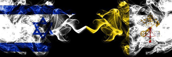 Israel vs Vatican city smoky mystic flags placed side by side. Thick colored silky smokes flag of...
