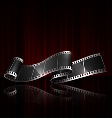 Fototapeta na wymiar Cinema background or banner. Film strip on the background of a red curtain. The effect of reflection and transparency. 3D vector. High detailed realistic illustration