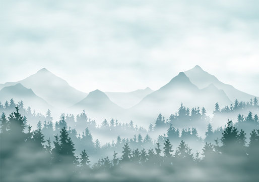 Realistic illustration of mountain landscape silhouettes with forest and coniferous trees. Fog haze or clouds under green-blue sky, vector