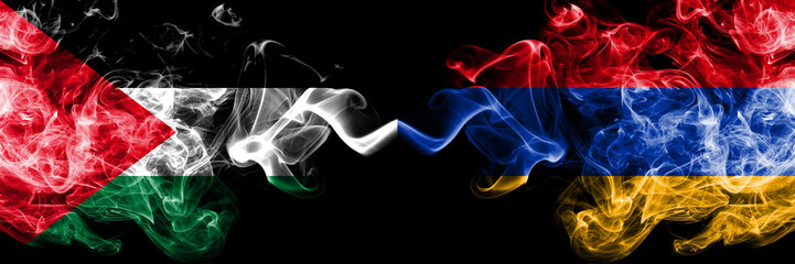 Palestine vs Armenia, Armenian smoky mystic flags placed side by side. Thick colored silky smokes...