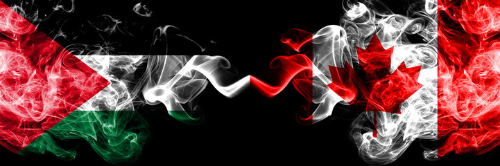 Palestine vs Canada, Canadian smoky mystic flags placed side by side. Thick colored silky smokes flag of Palestinians and Canada, Canadian