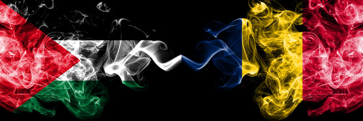 Palestine vs Chad, Chadian smoky mystic flags placed side by side. Thick colored silky smokes flag...