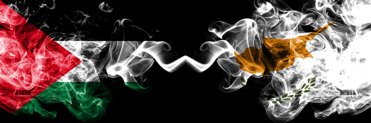 Palestine vs Cyprus, Cyprian smoky mystic flags placed side by side. Thick colored silky smokes...